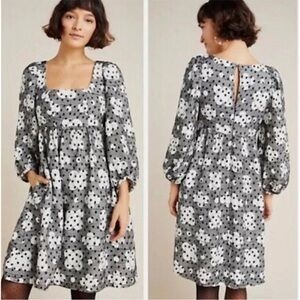 Anthropologie | Women’s Black/White Monochrome Floral 3/4 Sleeve Dress Size 4